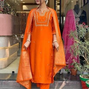 Elegant Anarkali Salwar 3 Piece Embroidered Khurti Orange Suit